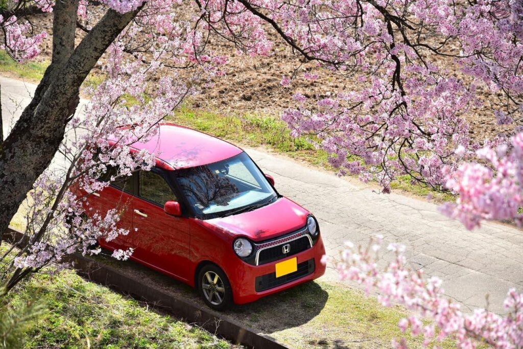 桜の木の下を走行する赤色の軽自動車